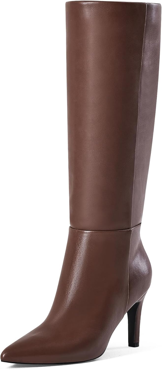 GENSHUO Women Wide Calf Knee High Boots 3 Inch High Heel Pointed Toe Long Boots Fashion Trendy Winter Dressy Shoes for Party,Night out, Date, Dancing