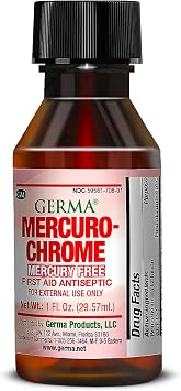 Germa Mercuro-Chrome. Mercury Free First Aid Antiseptic. for Cuts, Scrapes and Burns. Helps Prevent Skin Infection. Red. 1 oz. (Pack of 6)