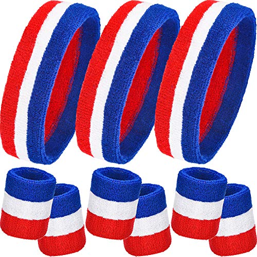 9 Pieces Striped Sweatbands Set, Includes 3 Pieces Sports Headband and 6 Pieces Wristbands Sweatbands Colorful Cotton Striped Sweatband Set for Men and Women (Red White and Blue Set 3, 9 Pieces)