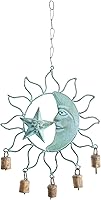 Deco 79 Turquoise Metal Sun & Moon Wind Chime with Bells - 13" Traditional Outdoor Garden Decor
