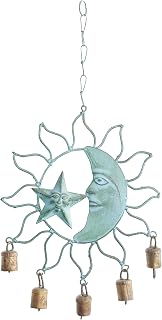 Deco 79 Turquoise Metal Sun & Moon Wind Chime with Bells - 13" Traditional Outdoor Garden Decor