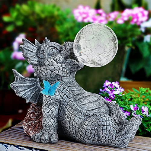 Perfectop Large Garden Dragon Statue, Adorable Baby Dragon Decor Figurines With Solar Lights, Funny Dinosaur Gargoyle Sculpture, Outdoor Patio Yard Lawn Decorations, Halloween Christmas Ornament Gift #TOP6