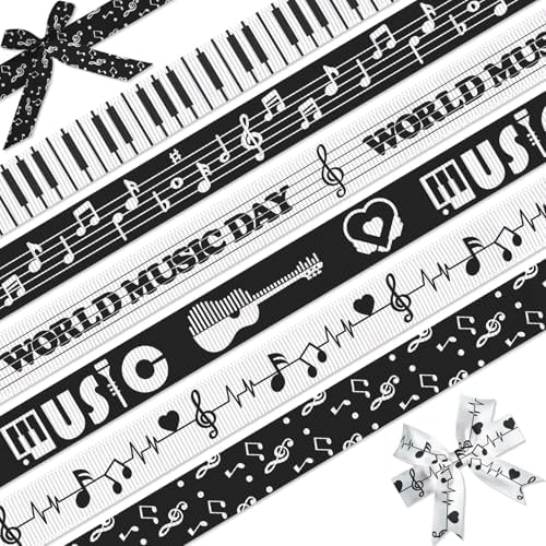 Music Ribbon Set, 6 Pack (5/8 Inch x 3 Yard Each), World Music Day Grosgrain Ribbons, Piano Keys Notes Staff Patterns, Teacher Gift Wrap for Recitals, Crafts, Hair Bows, Decorations