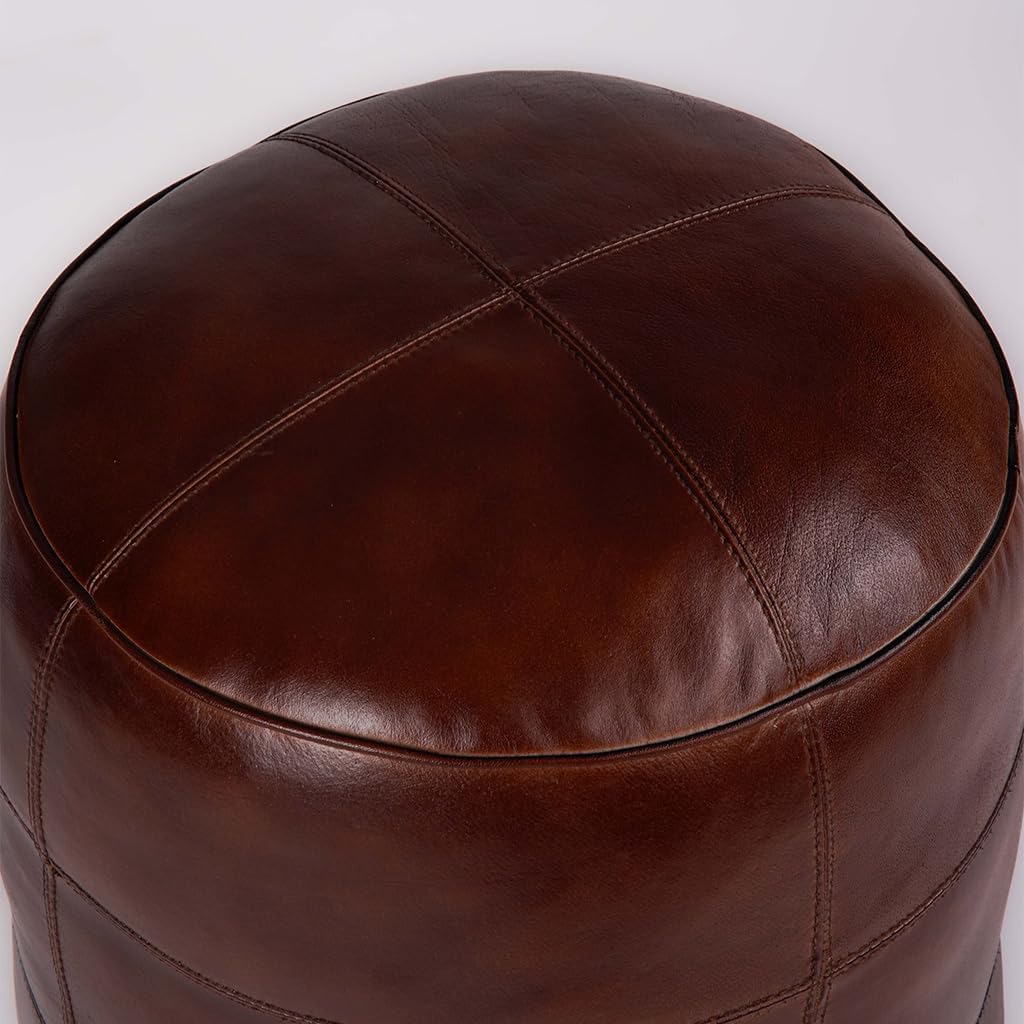 Round Shaped Buffalo Leather Handmade Eco-Friendly Brown Pouf -Round Pouf, 21"x 21"x12", Plain Solid Pouf, Buffalo Leather Pouf, Recycled Foam with Fibre Fill Stuffed Pouf, Seating Pouf PF43