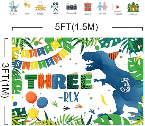Miniatura 3 de Telón de fondo de tercer cumpleaños de dinosaurio azul de 5 x 3 pies, dibujos animados de tres rex, hojas de palma verdes, fondo de fotografía para