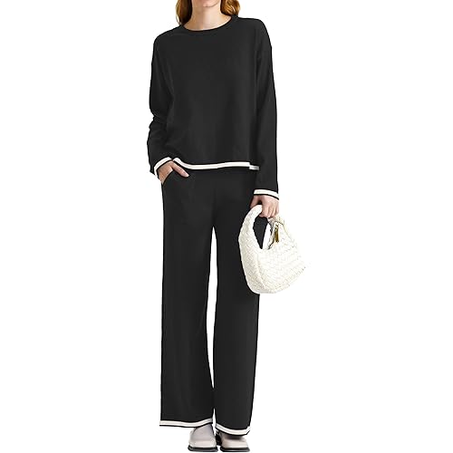 SuperPrity Women Sweater Set 2 or 3 Piece Outfits Short/Long Sleeve Knit Pullover Tops High Waist Wide Leg Pants Lounge Sets