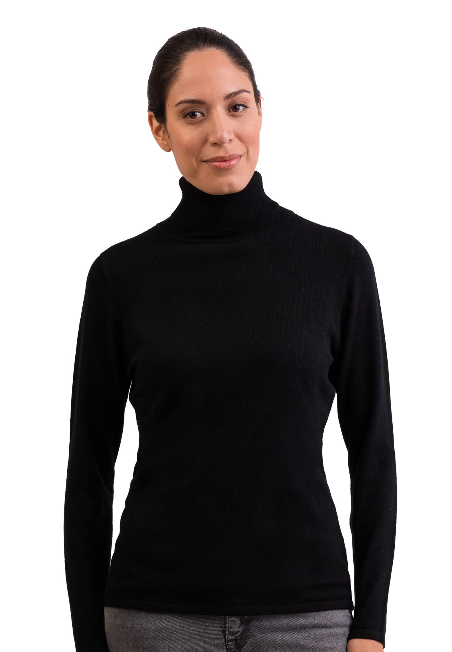 100% Cashmere Women's Turtle Polo Neck Sweater | Roll Neck Jumper (Black, L)