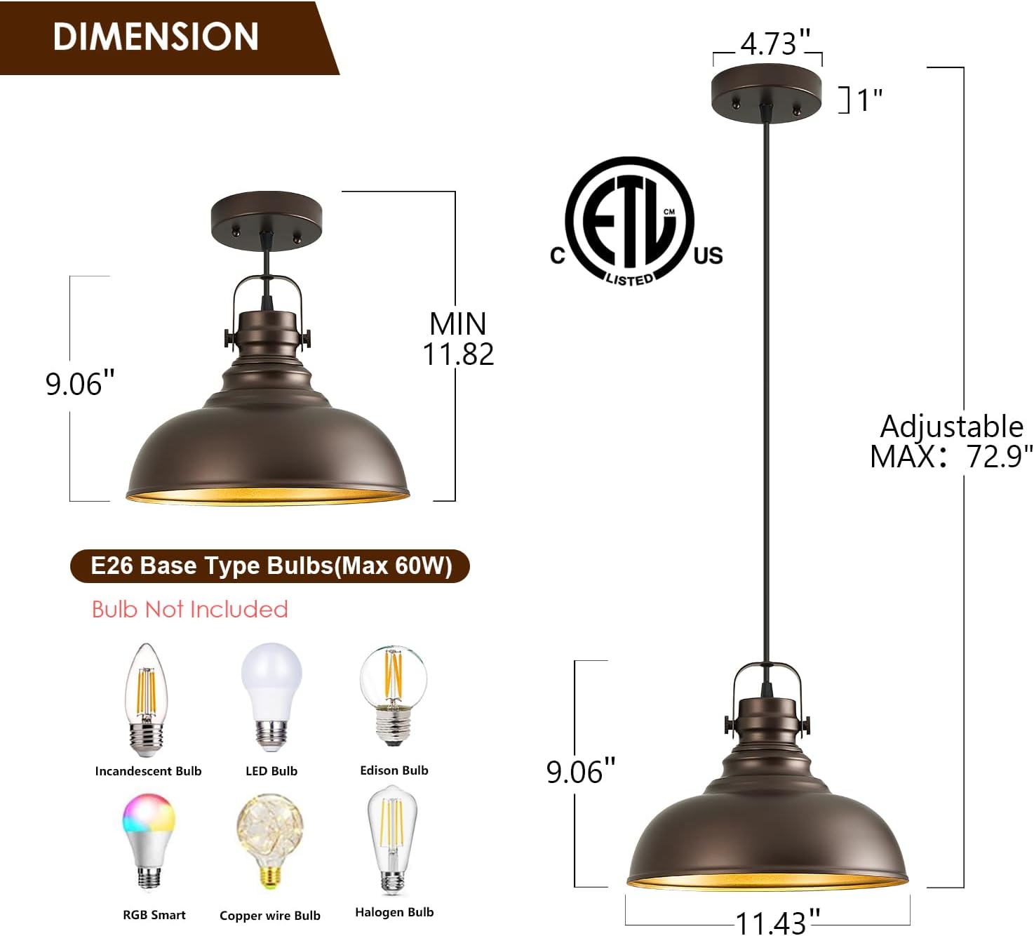 Refice 3 Packs Farmhouse Pendant Lights, Oil Rubbed Bronze Pendant Lighting, lsland Pendant Lights for Kitchen lsland lndustrial Adjustable Height Dome Hanging Lights for Barn, Dining Room