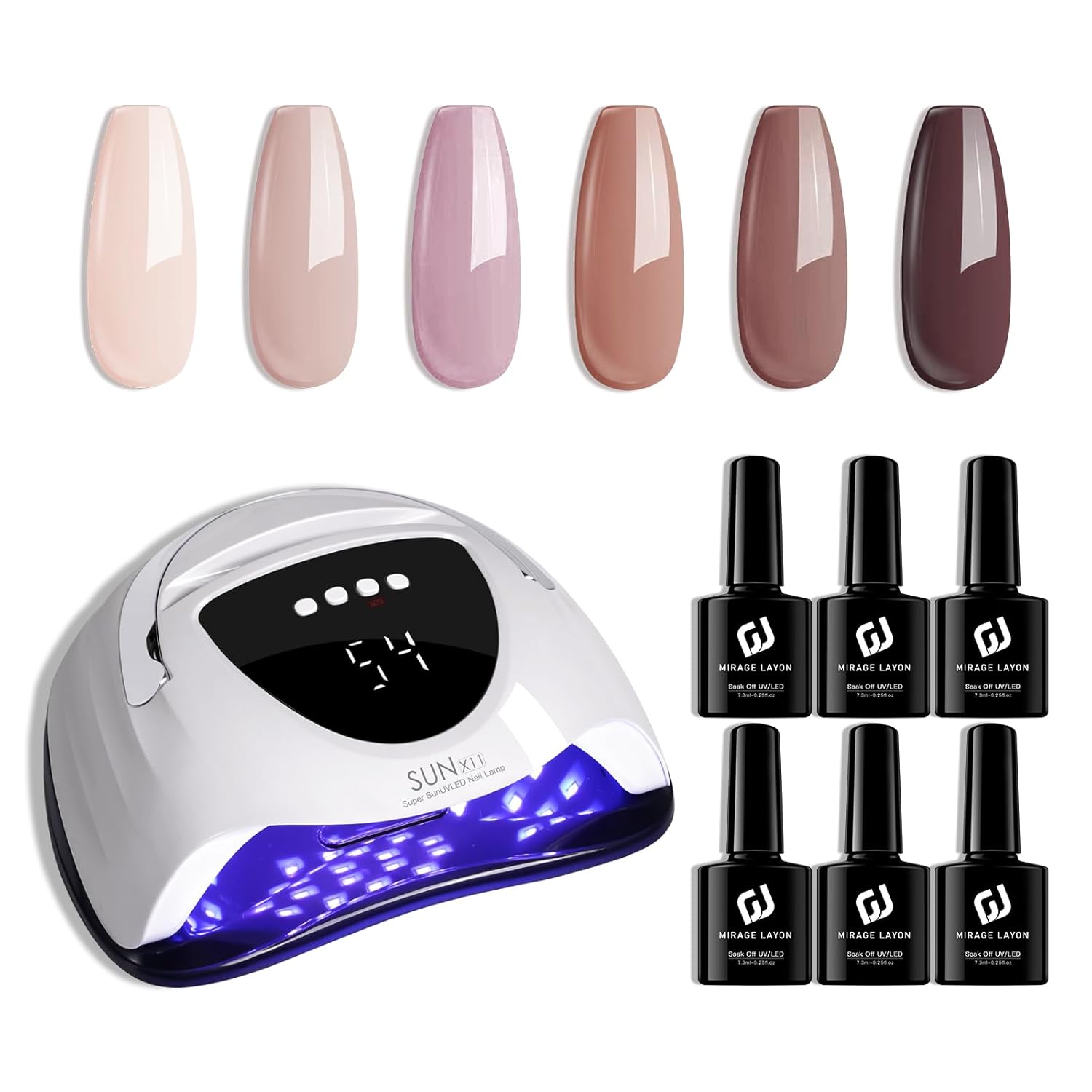 288W UV LED Nail Lamp with Auto Sensor & 4 Timers + 6 Color 7.5ml Nude Gel Polish Set (Netual White/Pink/Brown) | Soak Off Gel Nail Kit for Home Salon, Manicure, Hands & Feet