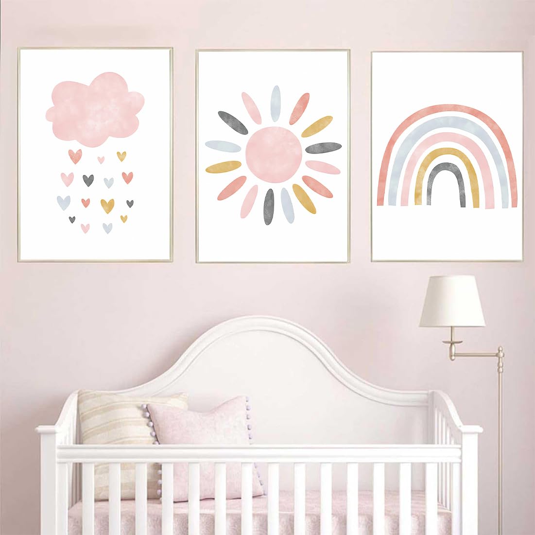 Set di 3 Quadri Tela 21x30cm, Poster Arcobaleno Nuvole Sole per Cameretta dei Bambini, Stampe Senza Cornice Stile Boho per Decorazione Parete