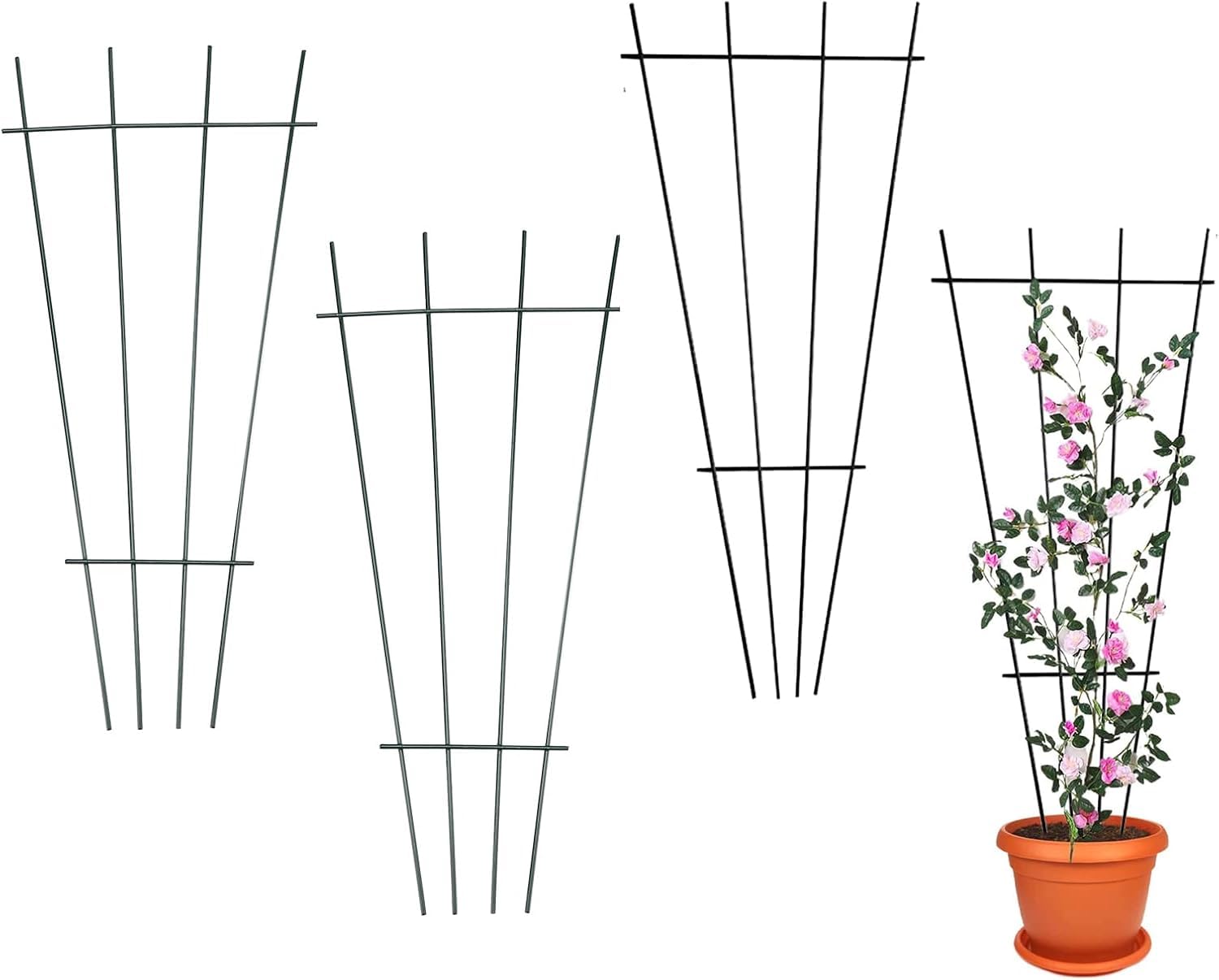 Flueyer 4 Pcs Plant trellis for climbing plants indoor, Green Coated Fan Pot Trellis Metal Flower Support Garden Trellis Frames for Indoor Outdoor Vines Flower Vegetable
