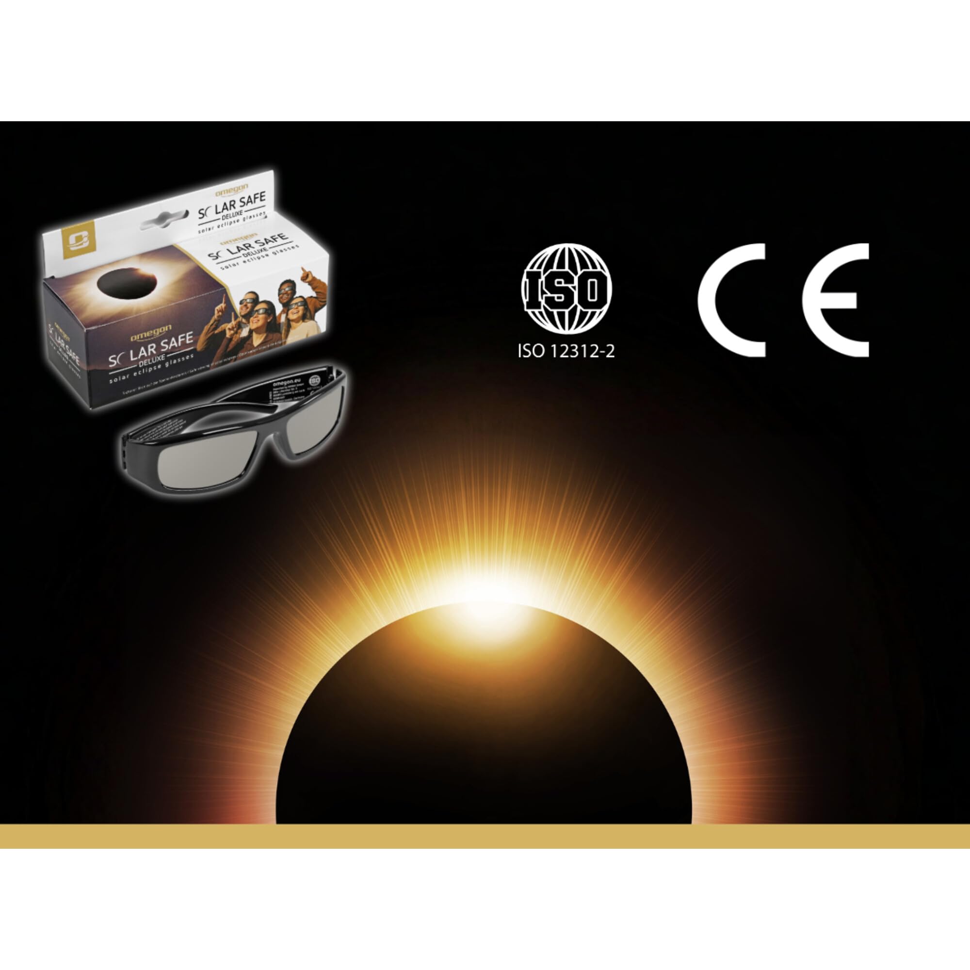Omegon Lunettes à éclipse Solar Safe Deluxe | Observation Premium | Conforme ISO 12312-2 | Réutilisables | Design élégant | pour l'éclipse Solaire 2026