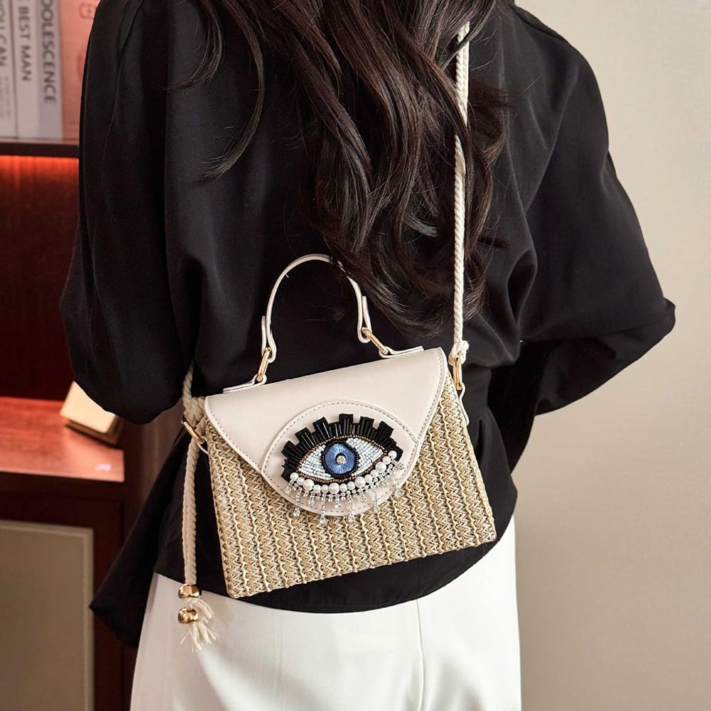 Handmade Bohemian Style Straw Handbag with Evil Eye Embellishment, Novelty Funny Crystal Decor Box Crossbody Bag Tote Clutch