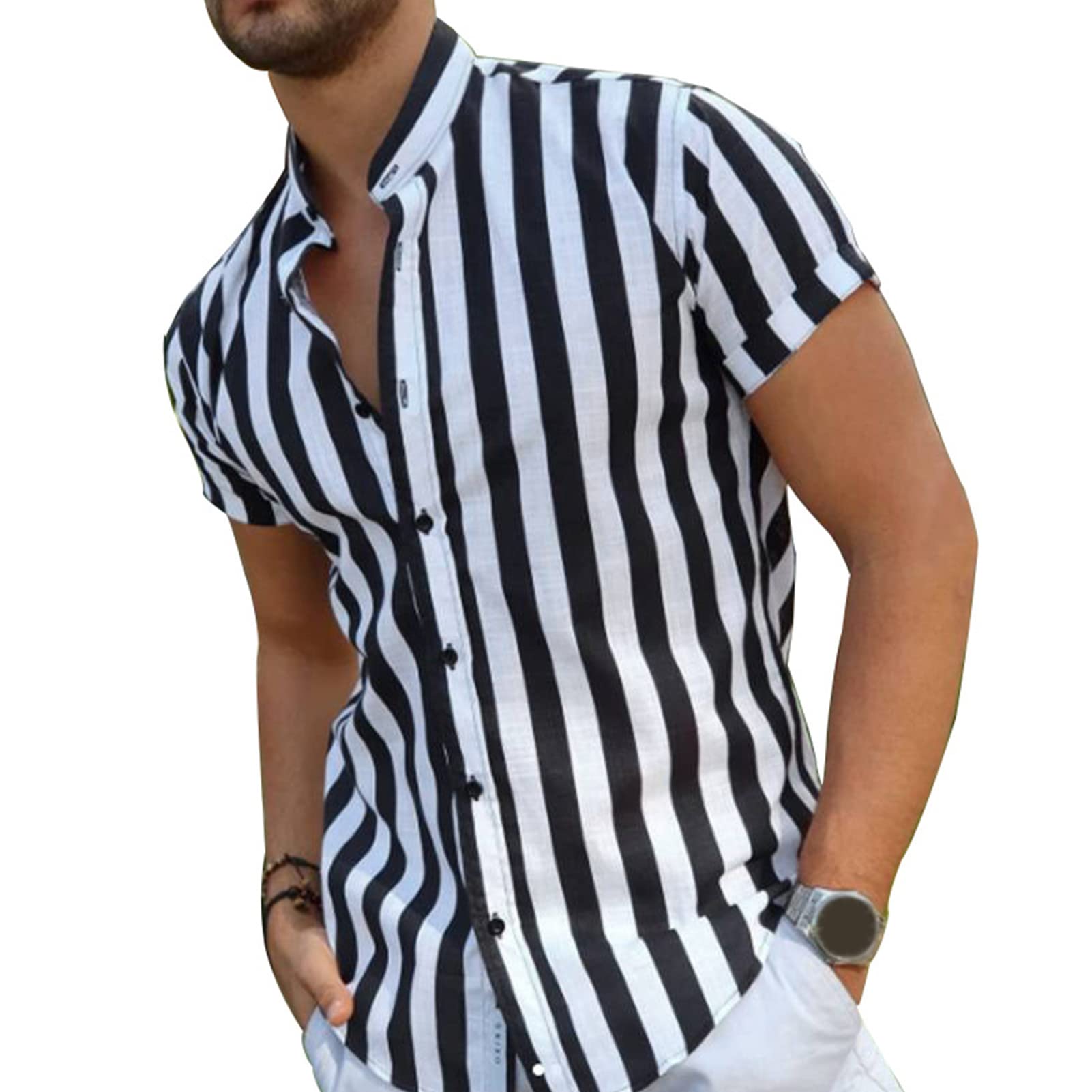 SHINROAD Camisa a rayas de los hombres Casual Contraste Color Stand Collar de un solo pecho Slim Summer Stripe Top para el trabajo