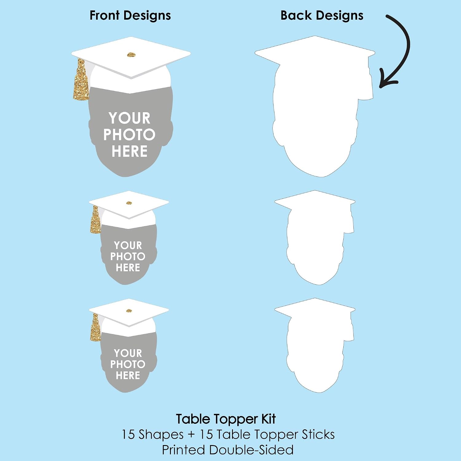 Big Dot of Happiness White and Gold Grad Cap Custom Photo Centerpiece Sticks, Personalized Grad Party Decorations, Fun Face Head Cut Out Table Toppers - Upload 1 Photo - Set of 15