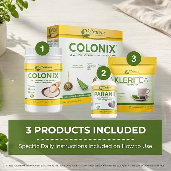 DrNatura Colonix 3-Part Colon Cleanse Kit Whole Psyllium Husk Fiber Powder, Herbal Capsules & Herbal Tea, 30 Day Digestive & Gut Support Program, 16 oz (Pack of 1)