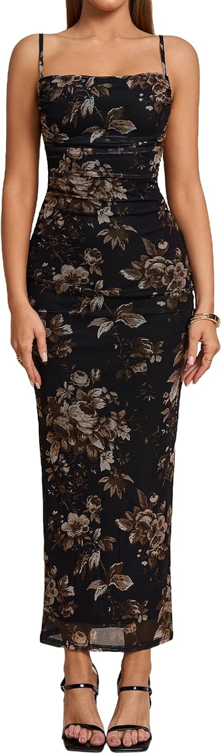 Women Floral Corset Maxi Long Dress Ruched Bodycon Long Formal Wedding Guest Dresses