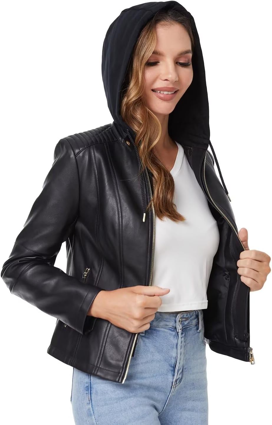 DIASHINY Faux Leather Jacket For Women Removable Hooded Moto Biker Outwear Coat - Image 2