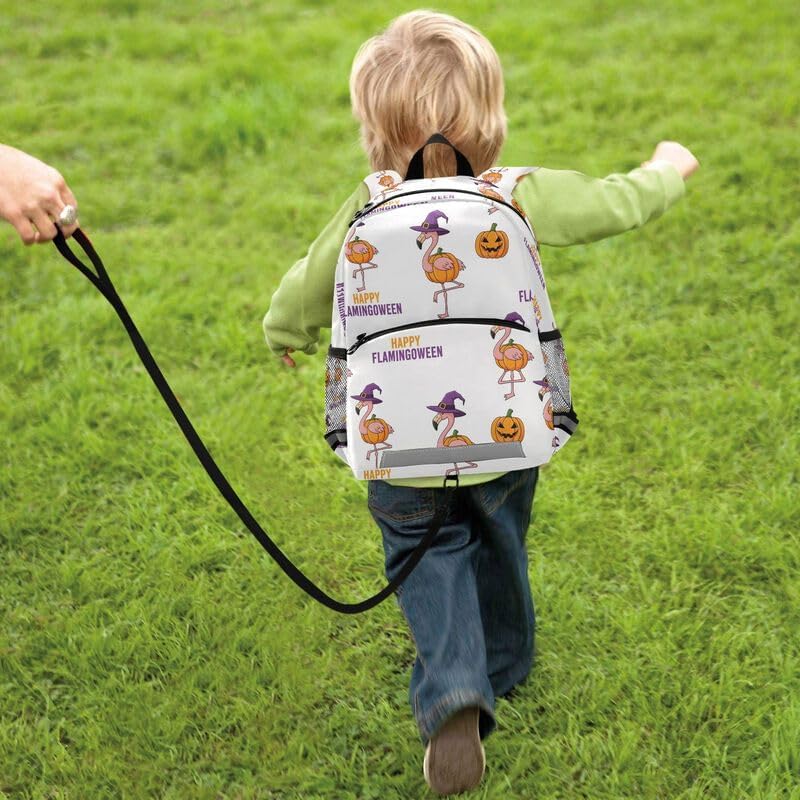 QUGRL Happy Flamingo Halloween Toddler Backpack for Boys Girls Kids School Backpack with Chest Strap Leash Preschool Schoolbag Nursery Kindergarten Bag for Daycare Travel Hiking School