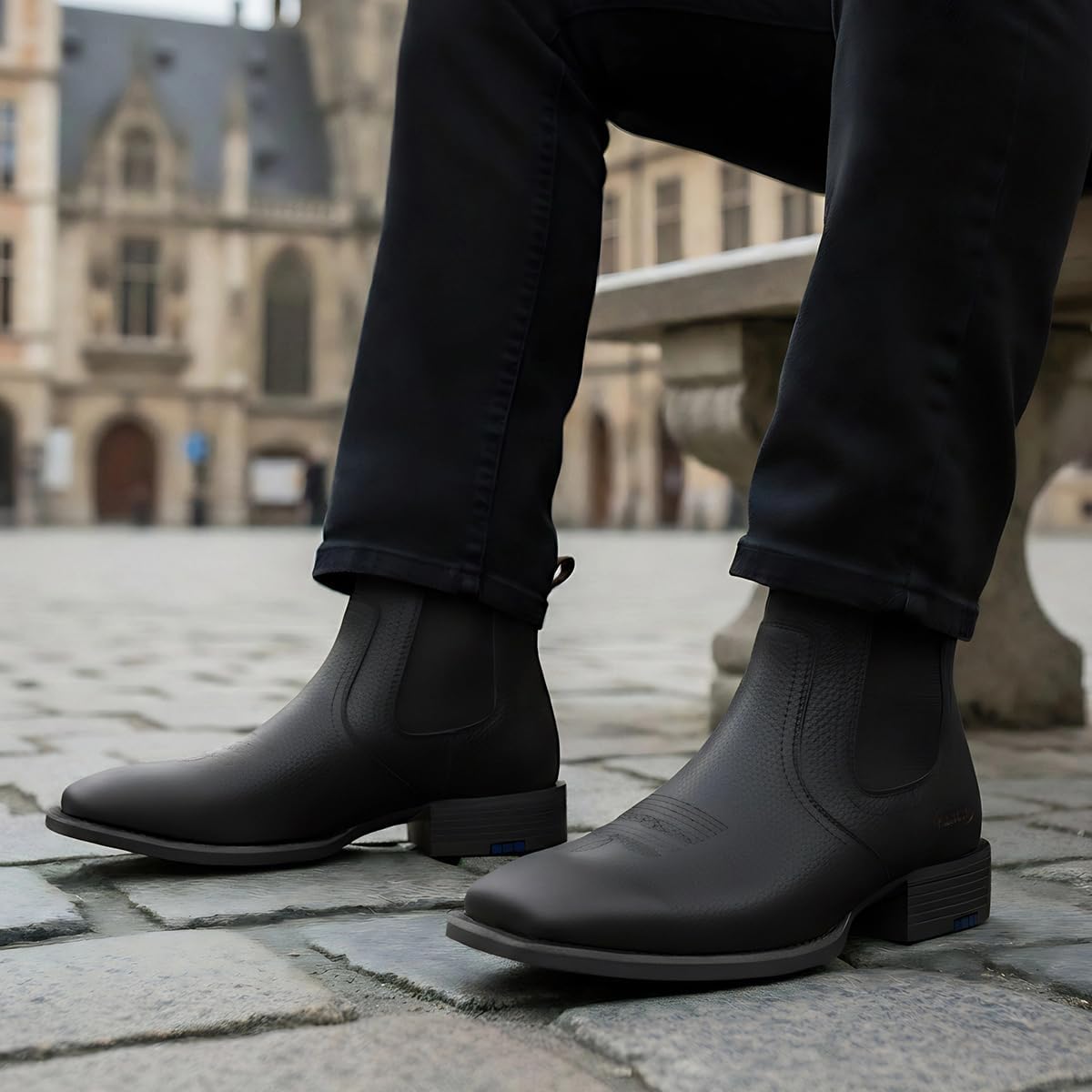 Palitutu Men's Western Chelsea Boots Embroidered Square Toe Full-Grain Leather Waterproof Pull-On Ankle Boots Casual Dress Hybrid
