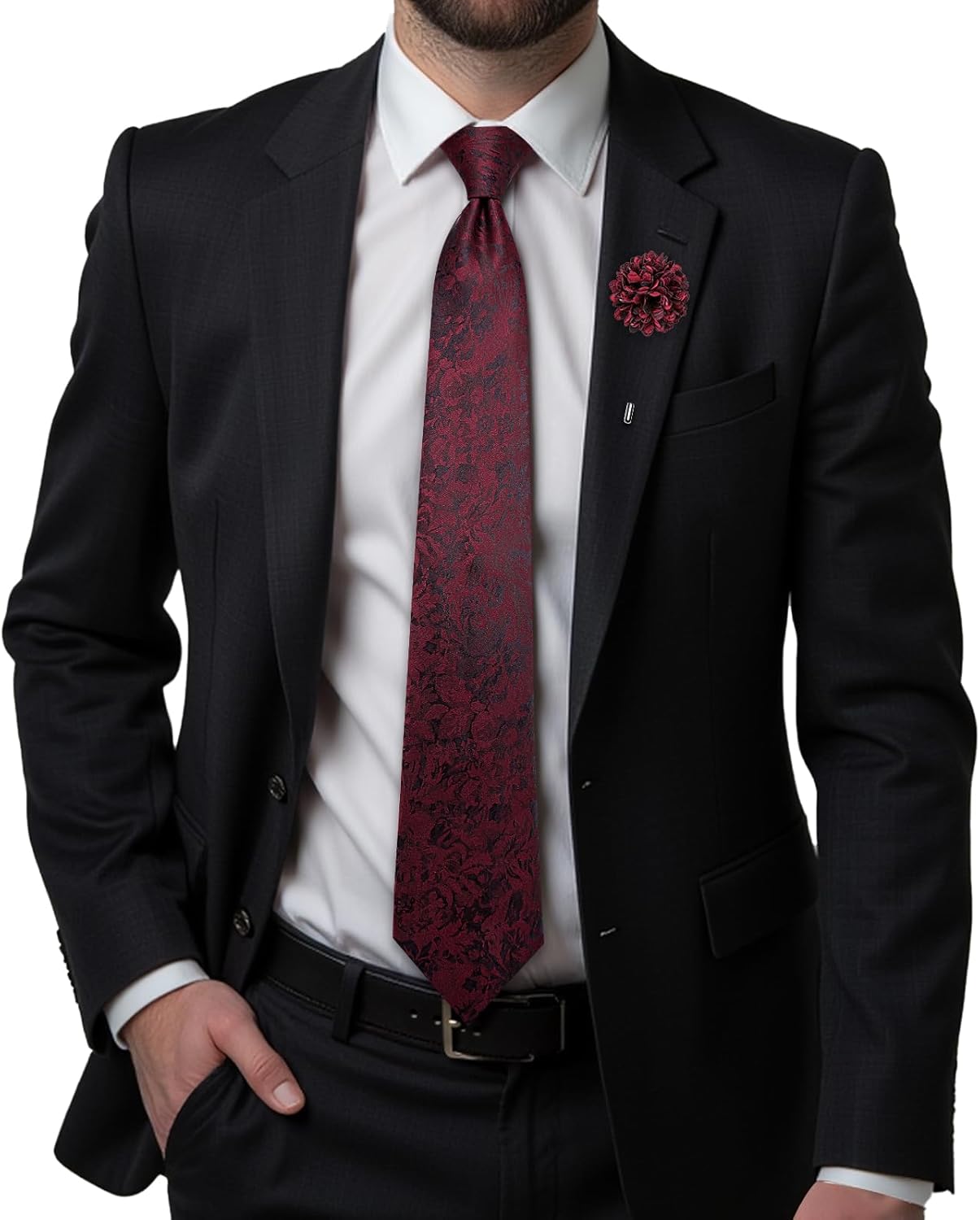 Hi-Tie Mens Silk Ties and Flower Lapel Pin Pocket Square Cufflinks Set 4PCS Necktie for Wedding Business - Image 3
