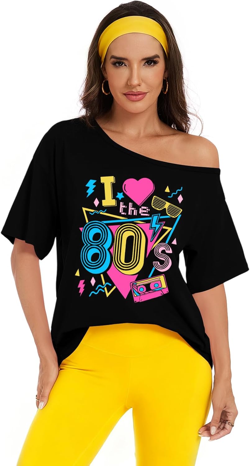 80s Shirts for Women Oversized Retro Off The Shoulder Top Disco 80s 90s Theme Party Outfit - Image 5