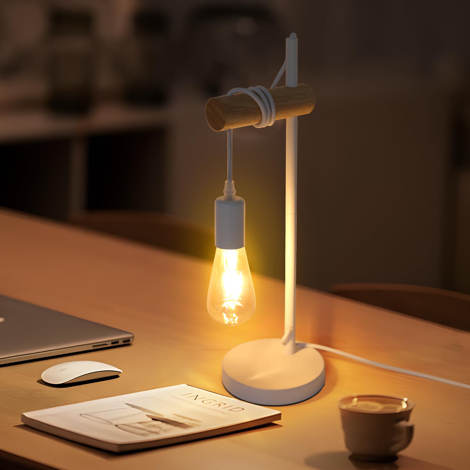 Goeco Lampara Escritorio E27 Vintage, Lampara de Mesa Industrial con Cable en Madera y Metal, Lámpara de Cabecera Retro para Dormitorio, Cuarto de Estudio, Blanco