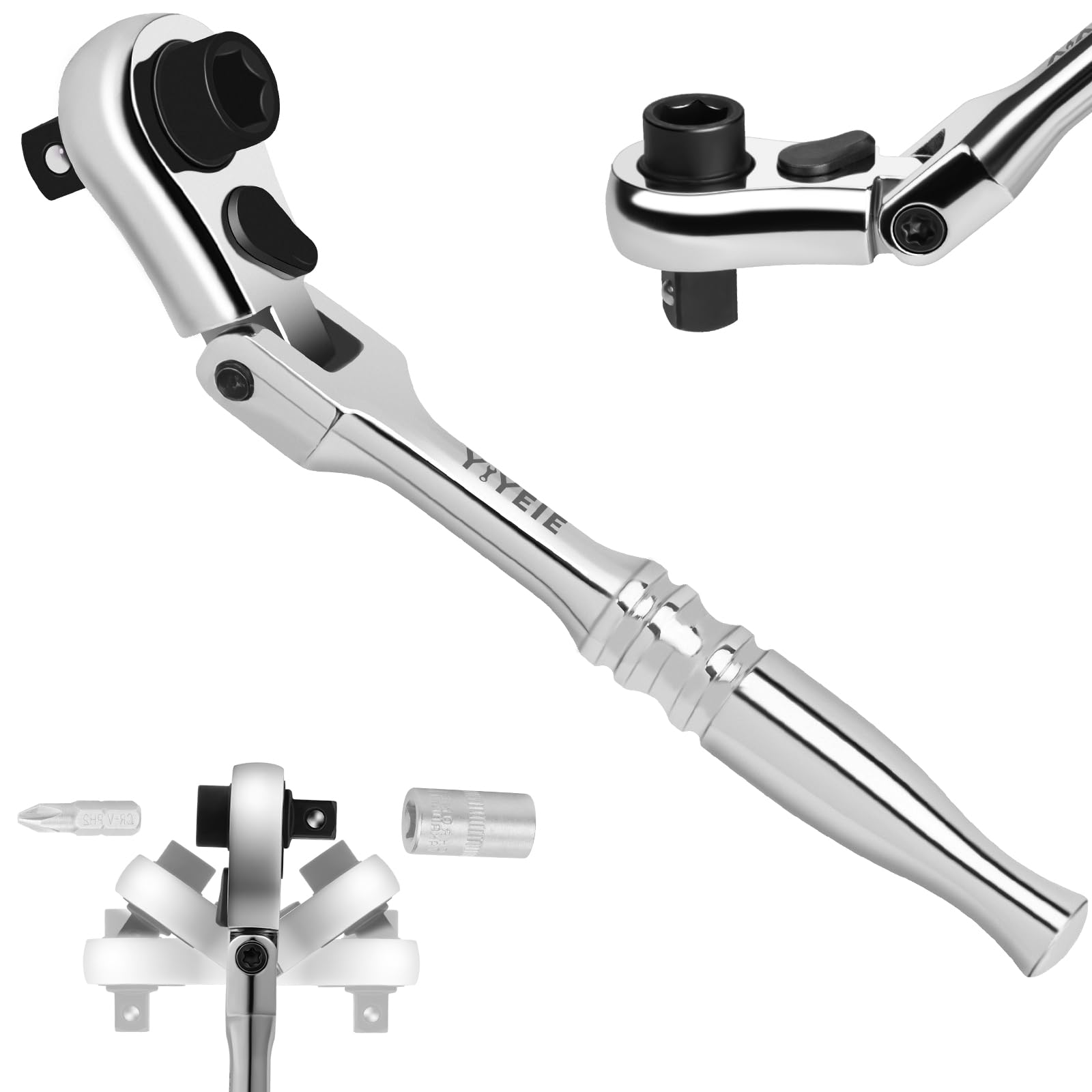 YIYEIE 1/4 Ratchet Wrench, 2-IN-1 Flex Head Ratchet - Socket &amp; Bit Driver, 1/4" Mini Ratchet Handle, 72-Tooth Reversible, Full-Polished Chrome Plating