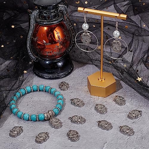 SUNNYCLUE 1 Box 30Pcs Skull Charms Halloween Skeleton Head Charm Tibetan Style Antique Silver Flower Pattern Gothic Skull Metal Alloy Charms for jewellery Making Charm DIY Earrings Bracelets Supplies - Image 4