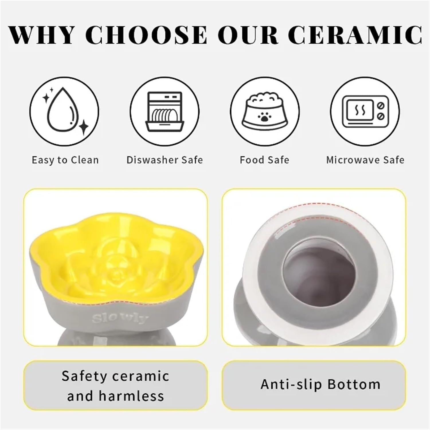 Ceramic Elevated Slow Feeder Bowl for Cats & Small Dogs - Anti-Vomit Flower Design with Maze Structure(Yellow)