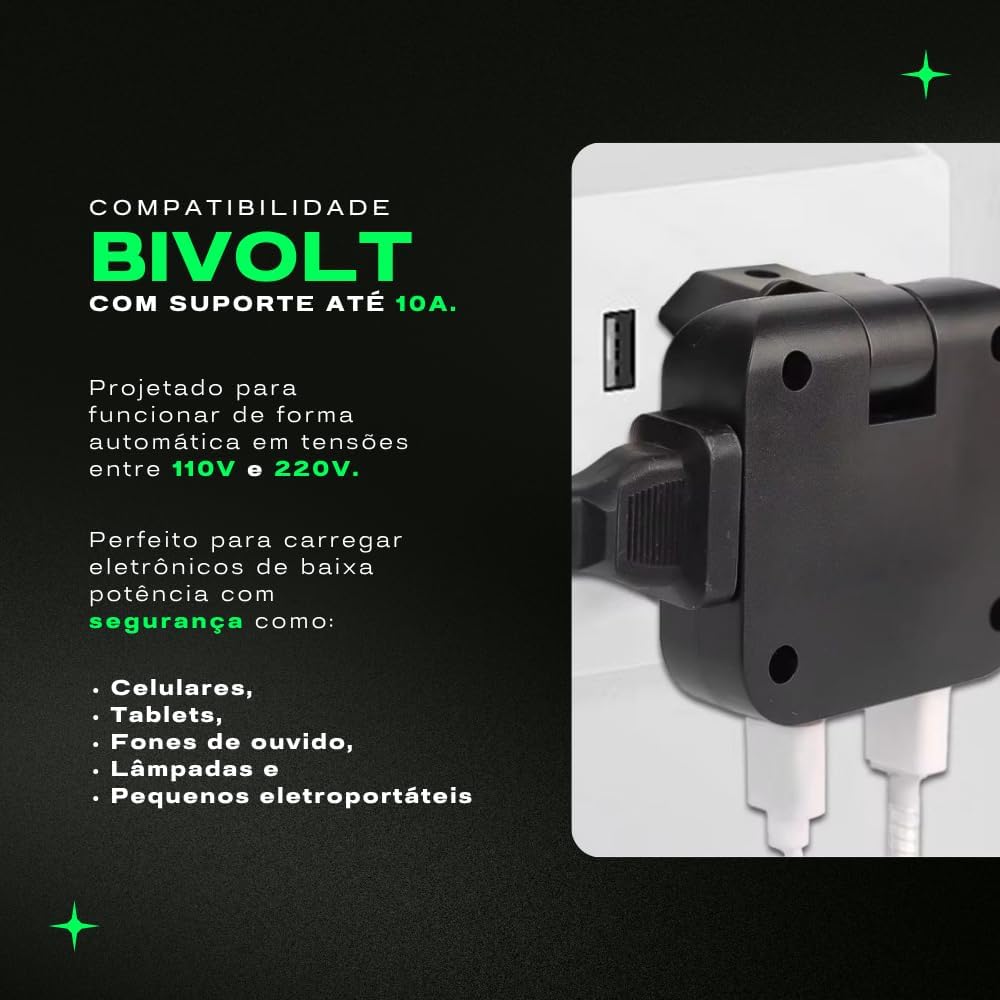 Adaptador Tomada Benjamin Articulado USB-C, Bivolt, Com 1 Entrada USB-C, 2 Entradas Padrão, Conecta 4 Dispositivos, Portátil Para Viagens, Suporta Até 10A, Compatível Até 220V (COR SORTIDA)