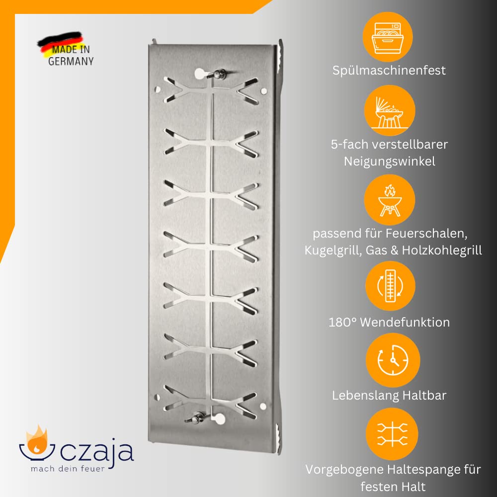 Czaja Feuerschalen® Flammlachsbrett aus Edelstahl - Lachsbrett zum Grillen - Flammlachsbretter mit Verstellbarer Halterung und 180° Wendefunktion- Räucherbrett | Aromaschiene für Kugelgrill