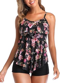 Women's 2 Piece Flounce Sunflower Printed Top with Boyshorts Tankini Swimsuits