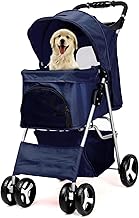 Dog Stroller with Rain Cover, Pet Pram for Small Medium Dogs, Dog Buggy with Storage Basket Cup Holder, Cats Dogs Pushchair, Foldable Pet Pram for Cats Puppies (Navy with Rain Cover)