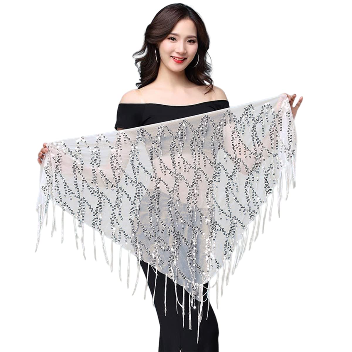 Samheng Women's White Sequins Tassel Skirt, Belly Dance Skirts Rave Fringe Hip Scarf Latin Dance Hula Hip Belt, Glitter Bohemian Skirt For And Girls Festival Dance Performance