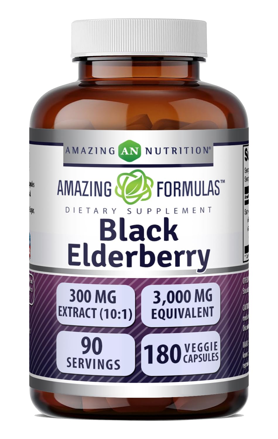 Amazing Formulas Sambucus Black Elderberry 300 Mg | Standardized 10:1 Extract | 180 Veggie Capsules | 3000 Mg Equivalent Supplement | Non-GMO | Gluten-Free | Made in the USA Unflavoured 180 Count (Pack of 1)