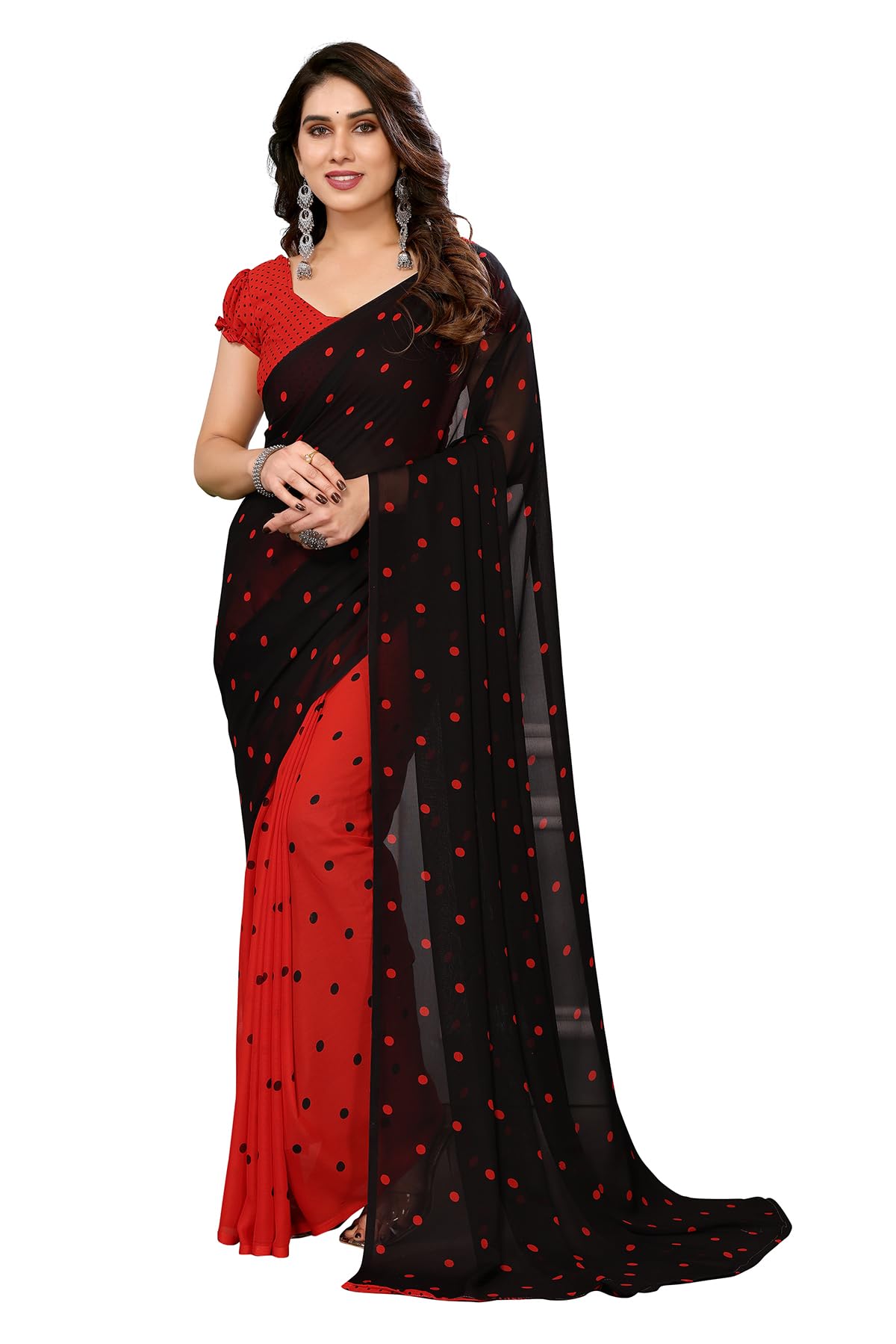 anand sarees SAREES Women's Polka Print Georgette Saree with Matching Blouse Piece | Stylish & Beautiful Fancy Saree for Festivals, Wedding, Parties, Casual Outings-picture-34