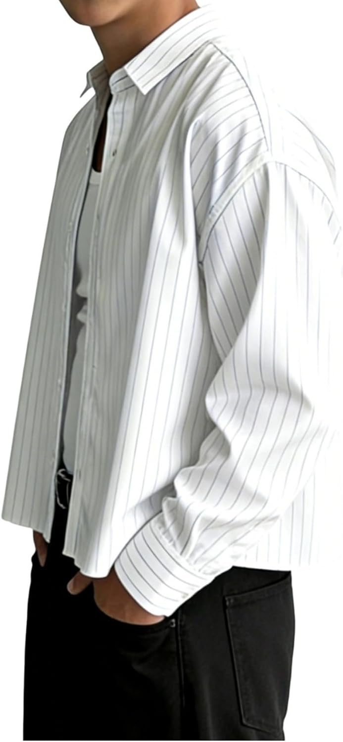 VIPWOLF Men's Cropped Button Up Shirts Striped Oversized Long Sleeve Boxy Button Down Casual Crop Tops Streetwear