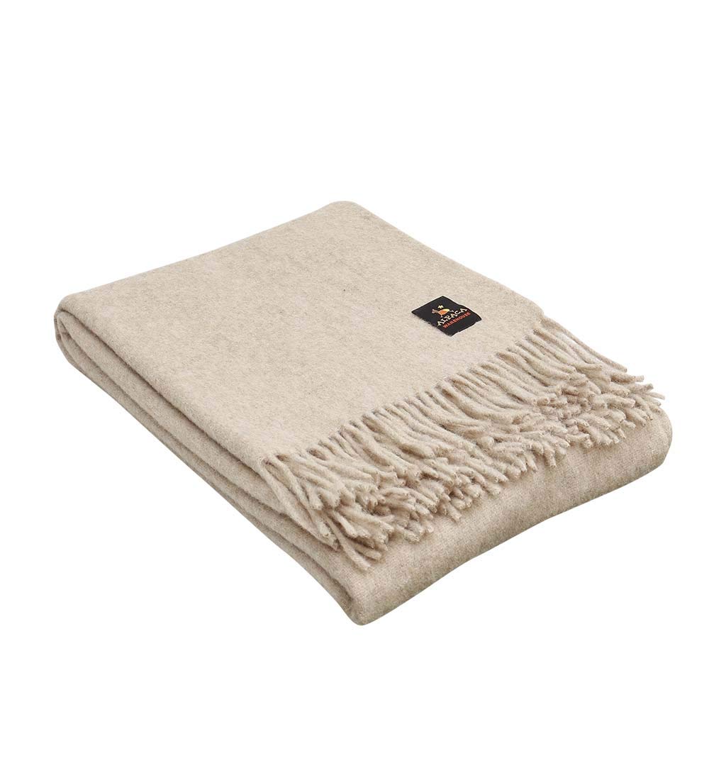 Alpaca WarehouseSuperfine Alpaca Wool Throw Blanket - Lightweight Alpaca Merino Wool Throw Blankets for Using Indoors or Outdoors | Soft Peruvian Alpaca Blanket Wool Blanket Solid Color 72" x 60" (Beige)