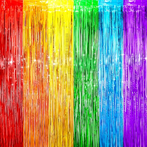 Image of Voircoloria 2 Pack Rainbow Foil Fringe Backdrop Curtains, Tinsel Streamers Birthday Party Decorations, Fringe Backdrop for Graduation, Baby Shower, Gender Reveal, Disco Party