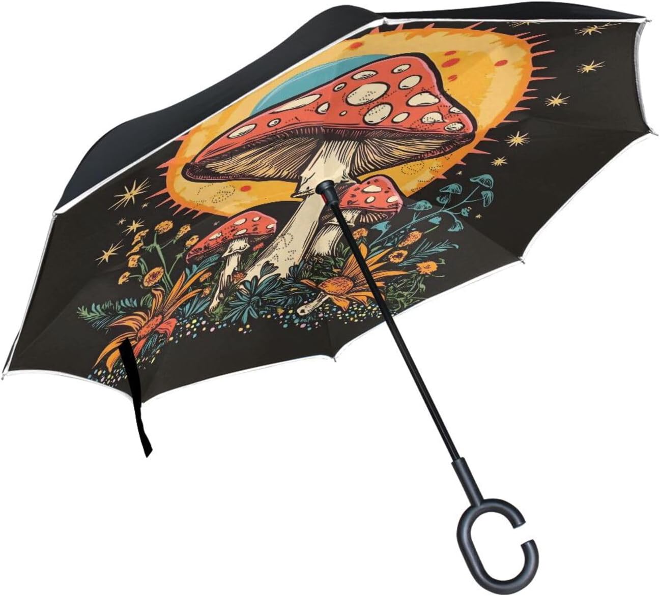 Mushroom Inverted Umbrellas for Rain Windproof Reverse Upside Down Golf Umbrella with C-shape Handle for Men Women