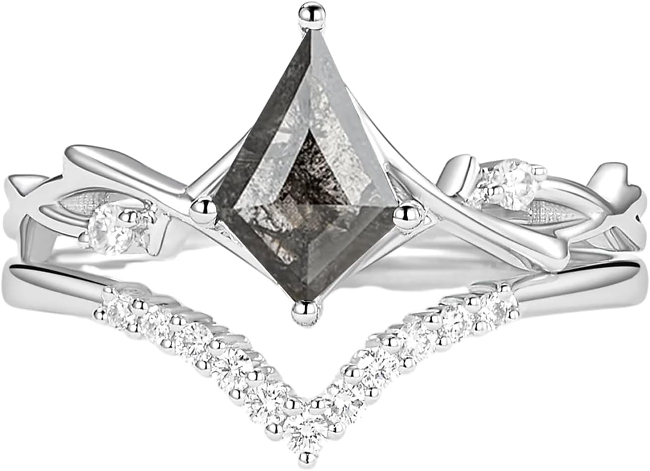 Engagement Ring Set 925 Sterling Silver 10K 14K 18K Gold Kite Cut Black Rutilated Quartz/Salt And Pepper Diamond Wedding Ring With Moissanite Engagement Ring Set For Women 2pcs