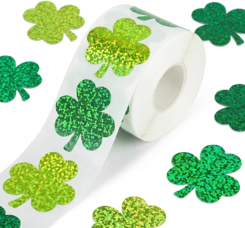 St. Patrick's Day Stickers, 1000Pcs Holographic Shamrock Stickers Roll, Sparkly Green Lucky Clover Adhesive Seals for Irish Holiday Party Decorations, Cards, Envelopes, Gift Bags, Crafts