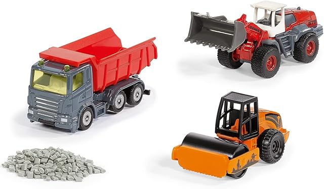 Siku 6329, Zestaw upominkowy do budowy dróg, Wywrotka, Ładowarka kołowa Liebherr, Walec drogowy, Ruchome części, W zestawie: górka żwiru