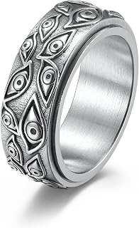 Eye of God Ring, Stainless Steel All Seeing Eye of God Rotating Band Ring Vintage Engraved Evil Eye Spinner Rings for Anxiety Stress Relief Jewelry for Men Women Size 6-10