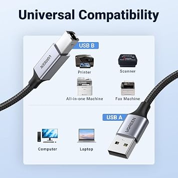 UGREEN USB A to B Printer Cable,Braided USB 2.0 Type A to USB B Male Lead, MIDI Cable Compatible with MIDI Keyboard/DJ Controller, Epson/HP/DeskJet/Envy/Lexmark/3D/Dell/Brother/DAC/Scanner (2M)