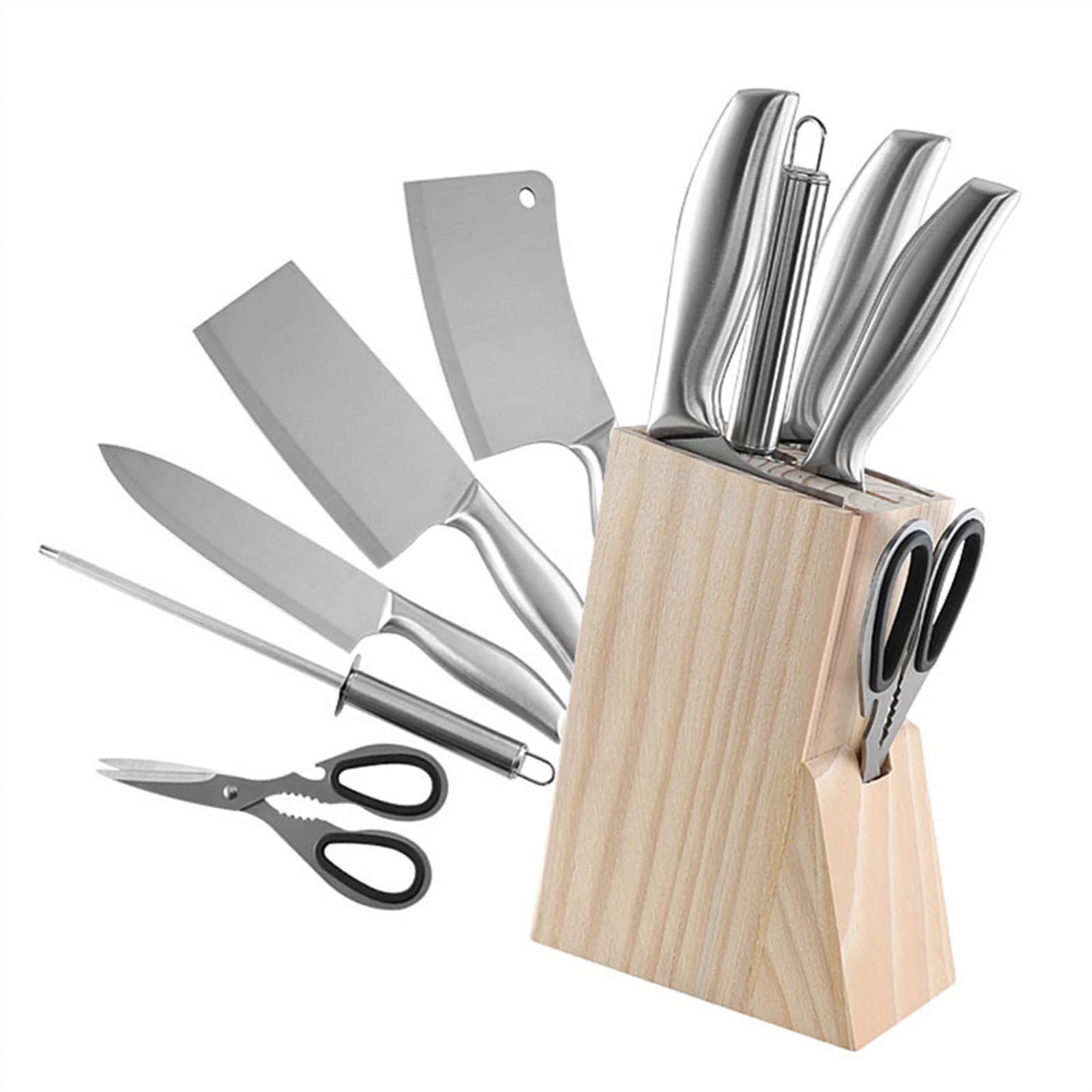6pcs Cleaver Cleaver Sets de Acero Inoxidable Afilamiento de la Varilla Ginder Kit de Corte de Cortador de Chopper con Bloque de Madera sólida