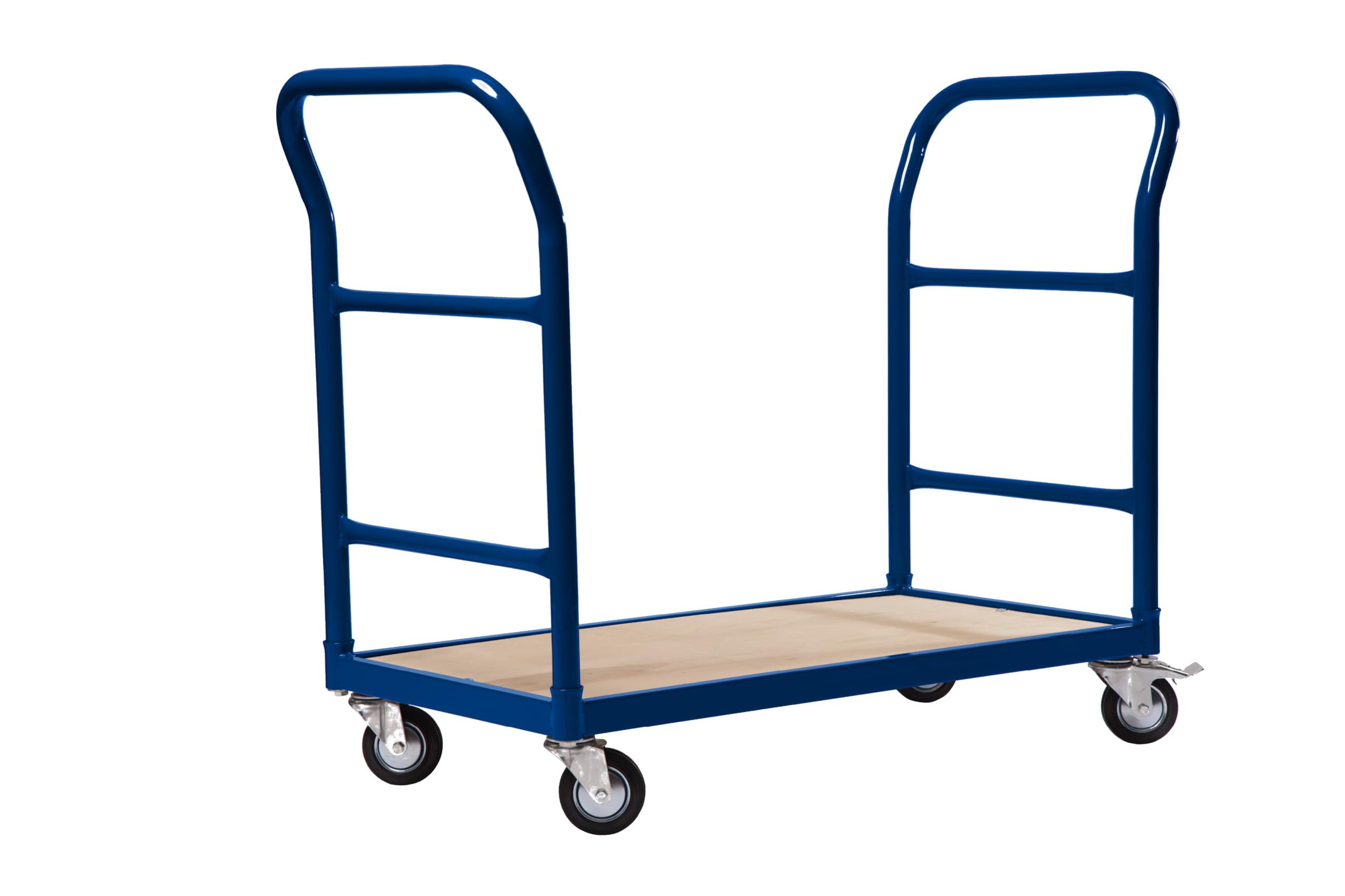 Plattformwagen Alina - 250 kg Traglast – Transportwagen blau mit Holzplattform & 4 Rollen mit Bremse – Werkstattwagen Lagerwagen mit 2 Schiebebügeln