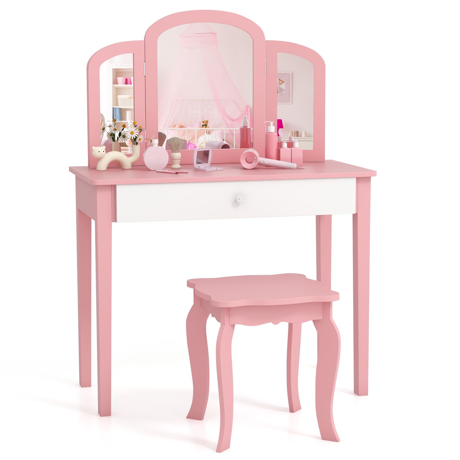 Maxmass Kids Vanity Table and Stool, 2 in 1 Children Vanity Table with Tri-folding Mirror & Drawer, Princess Make up Desk Girls Makeup Table for Bedroom Playroom (Pink)