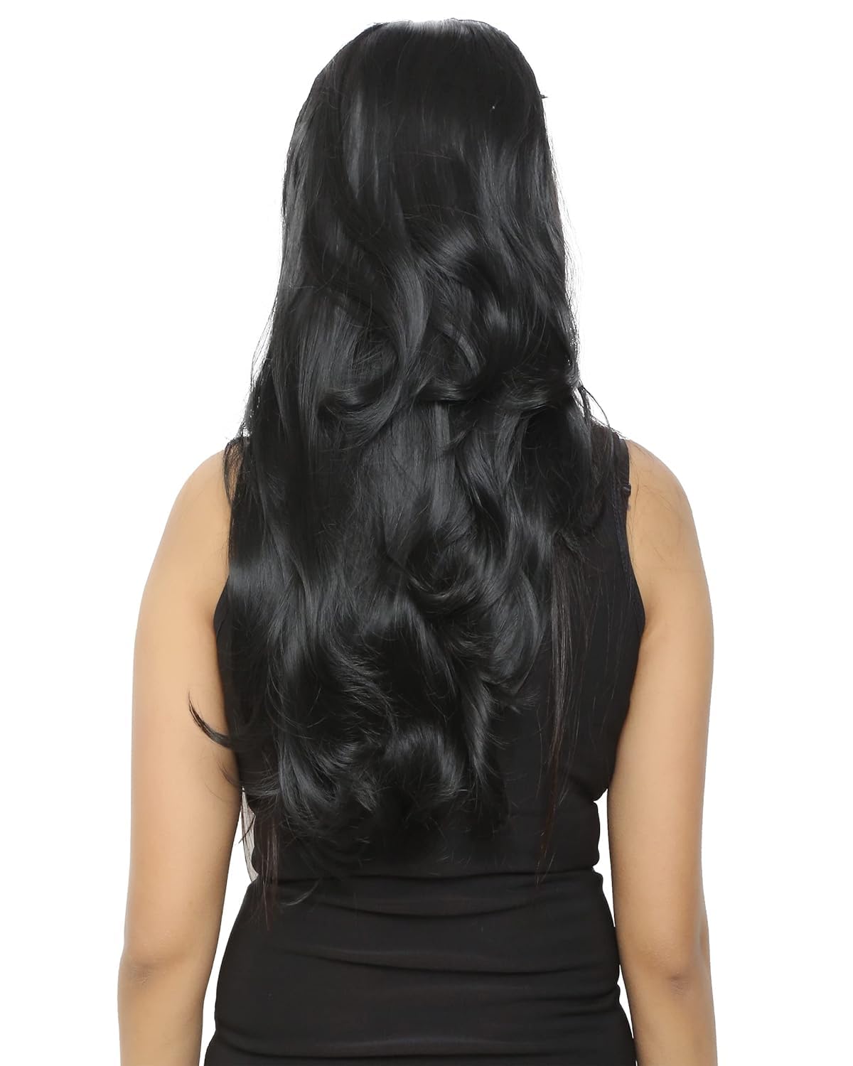 DELUXE HAIR Hair Extensions And Wigs Women's Step Cut Base Curly Hair 24 Inch| Curly/Wavy Hair Extensions | Clip in Long Wavy Synthetic Hair Extension (SHT1B) 24-26 Inch Natural Black-image-11